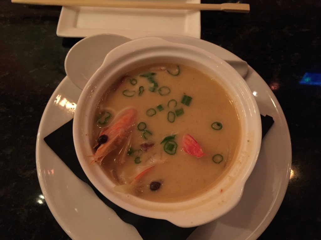 Tom yum soup with coconut broth, lime and head-on shrimp