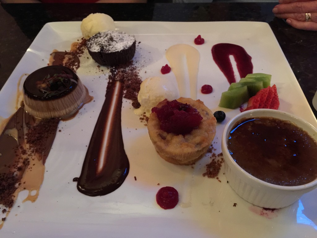 Three layer flan, molten chocolate cake, bread pudding, cappuccino creme brûlée 