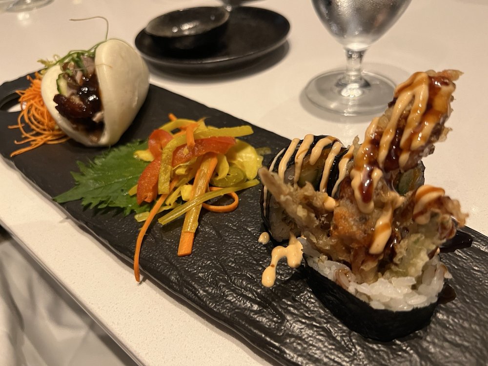 Trio of bao with Peking duck, pickled veggies, spider roll