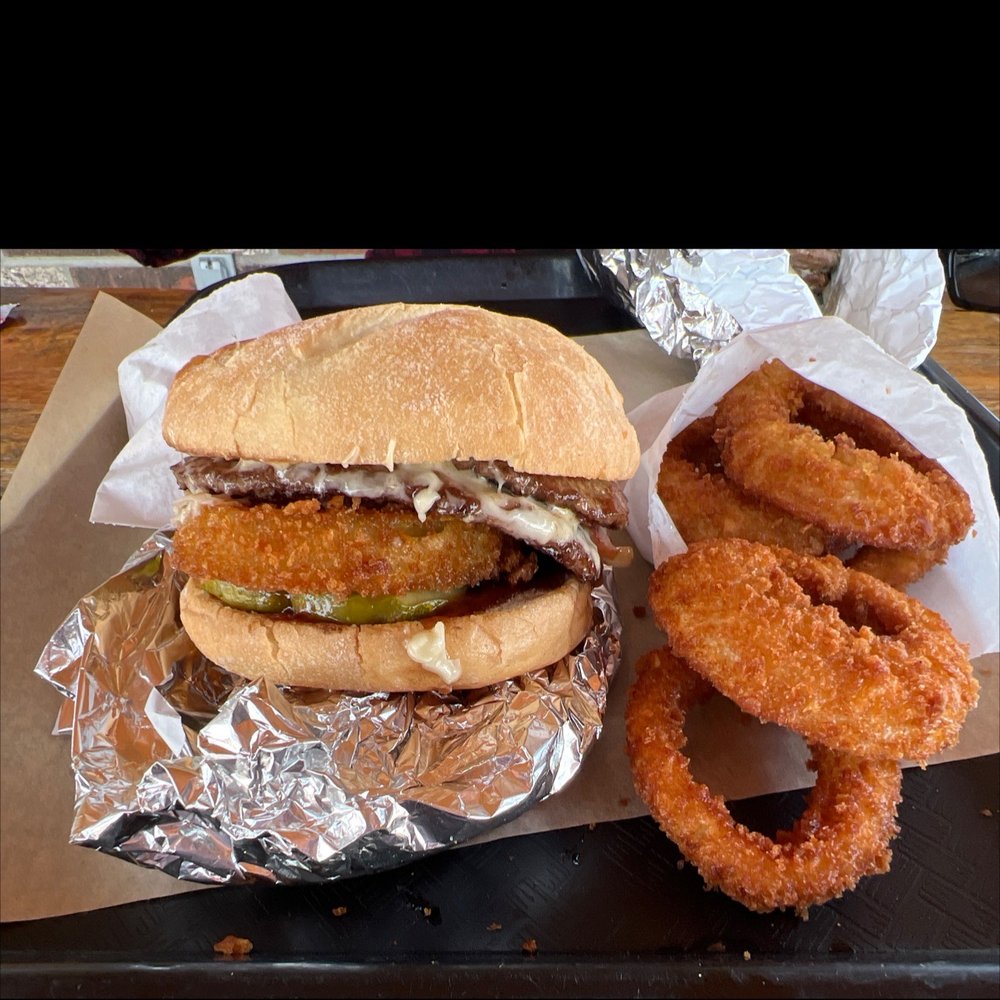BBQ bacon burger and rings