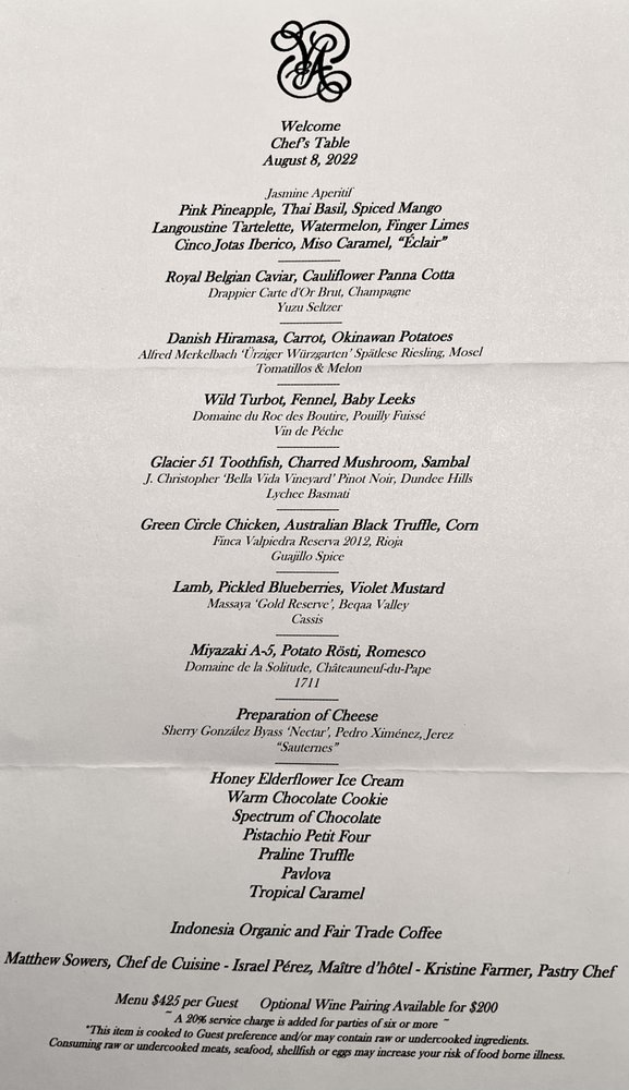 Chef's Table Menu