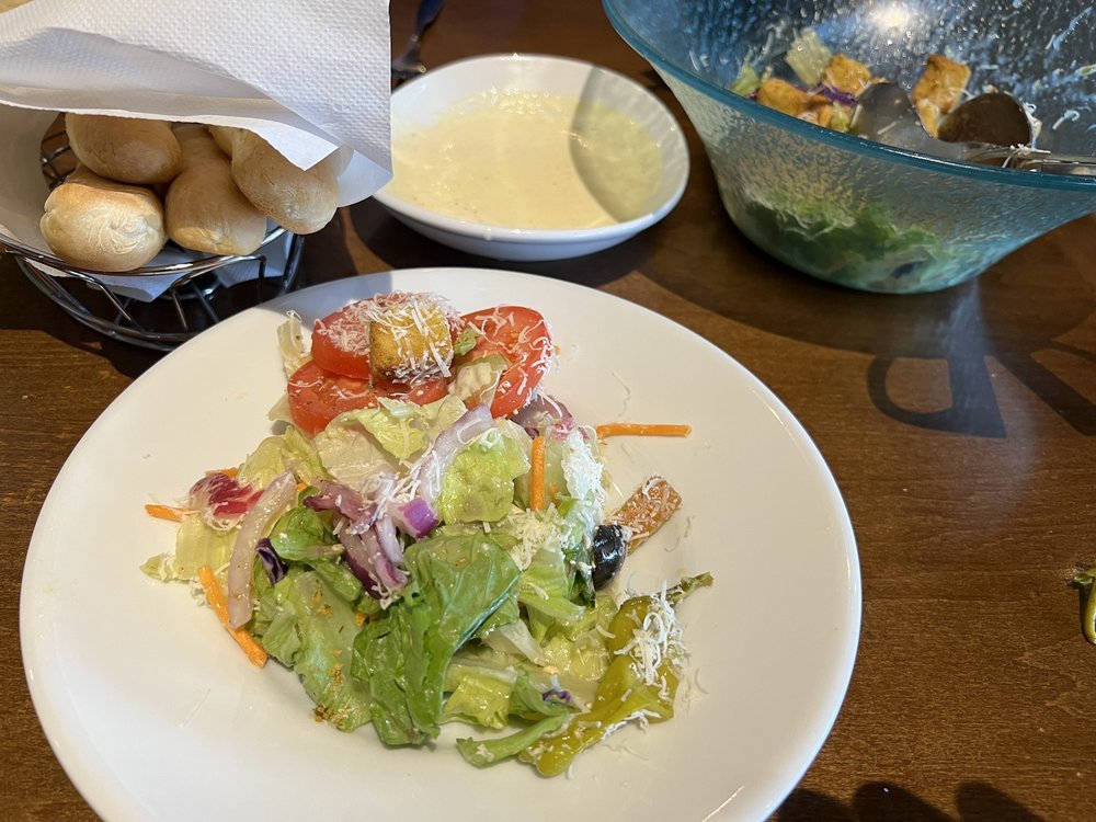 Salad, breadsticks, Alfredo sauce