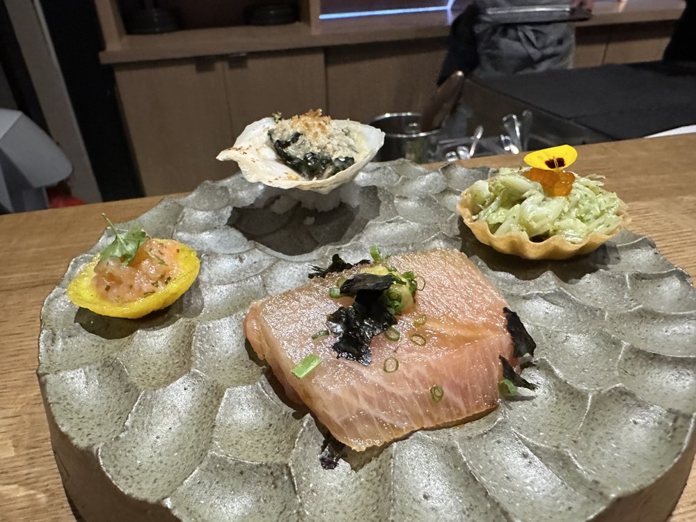 Oyster, crab, salmon, buri