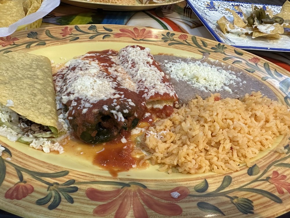 Dinner combo with taco, enchilada, and relleno
